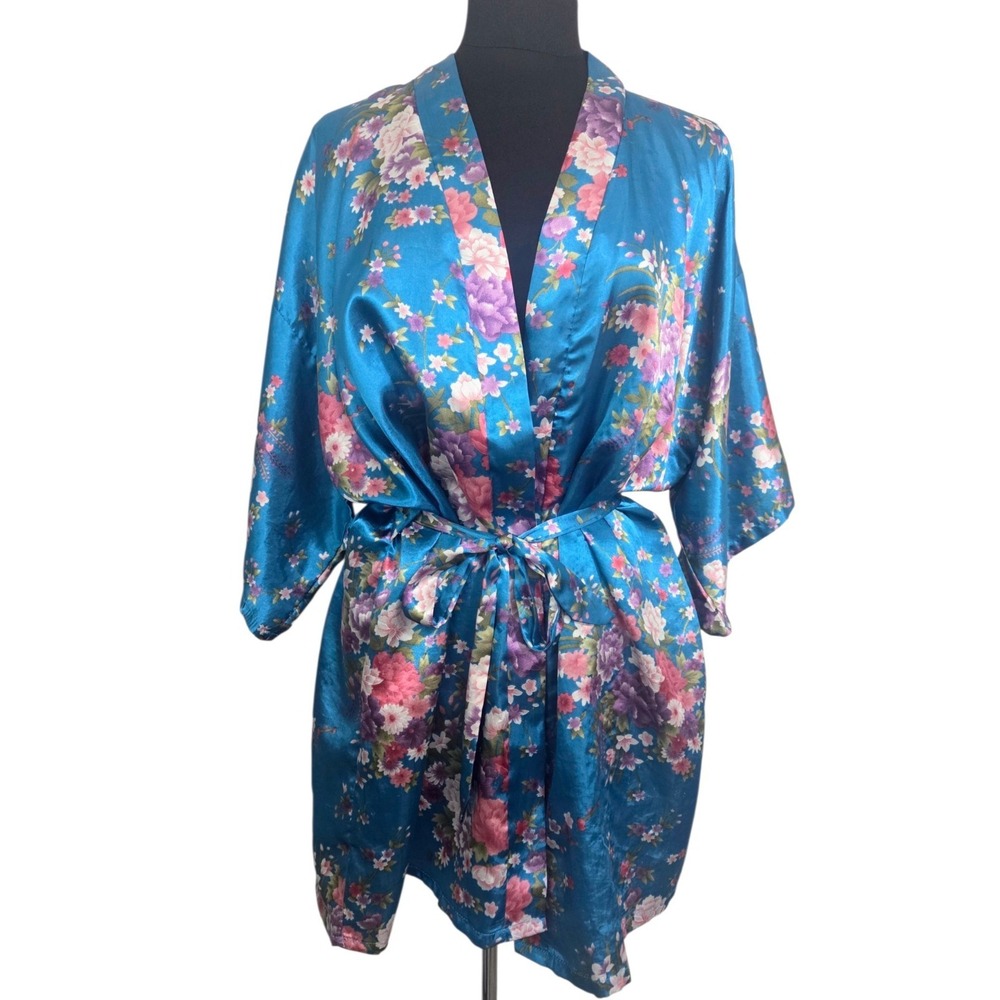 Vintage Silky Floral Kimono Robe Women's Satin Lounge Bathrobe Belted‎ Size M